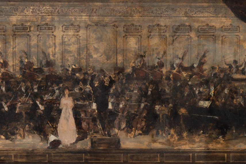 Eustatiu Stoenescu Concert la Ateneu dirijat de George Enescu ulei pe lemn 495 x 955 cm 1946 colectie privata